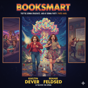 Vibrant movie poster for Booksmart, showing Beanie Feldstein and Kaitlyn Dever in a chaotic, celebratory scene with confetti and a car. Keywords: Booksmart movie, comedy, coming of age, high school, party, movie poster.