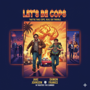 Comedic movie poster for Let's Be Cops, with Jake Johnson and Damon Wayans Jr. running from an explosion, dressed as fake police officers. Keywords: Let's Be Cops movie, comedy, fake police, action, buddy film, movie poster.