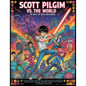 Michael Cera in the vibrant, comic book-style official movie poster for Scott Pilgrim vs. the World.