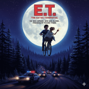 Poster for E.T. the Extra-Terrestrial, showing Elliott and E.T. flying on a bicycle in front of a giant full moon, with police cars chasing below