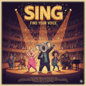 The cast of animal characters on stage in the official movie poster for the animated musical Sing (2016).