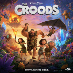 Poster for The Croods, featuring the Crood family running through a vibrant, colorful prehistoric world filled with fantastical creatures and plants