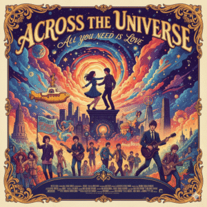 A surreal and psychedelic image of the main characters from the Beatles-inspired musical Across the Universe movie poster.