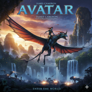 Poster for Avatar, showing Jake Sully riding a Banshee (Ikran) over the lush, waterfall-filled landscape of Pandora at sunset