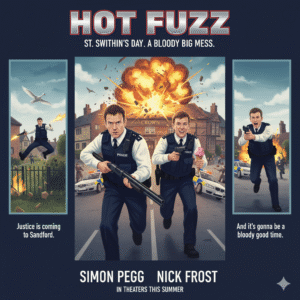 Action-packed movie poster for Hot Fuzz, with Simon Pegg and Nick Frost as police officers in a quaint English town with explosions and a flying swan. Keywords: Hot Fuzz movie, Simon Pegg, Nick Frost, action comedy, British film, police, village, movie poster.