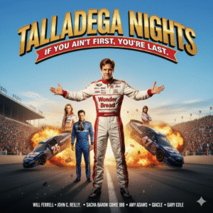 Will Ferrell as Ricky Bobby stands confidently in his Wonder Bread racing suit, holding his helmet, with his race car prominently displayed behind him.