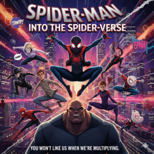 Poster for Spider-Man: Into the Spider-Verse, with Miles Morales and various Spider-People swinging through a vibrant, comic-book style cityscape