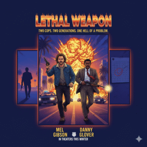 Classic movie poster for Lethal Weapon, featuring Mel Gibson and Danny Glover as detectives running from an explosion with police cars. Keywords: Lethal Weapon movie, Mel Gibson, Danny Glover, action classic, buddy cop, LAPD, movie poster.