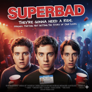 Comedic movie poster for Superbad, featuring Jonah Hill and Michael Cera as high school friends on a wild night, with various party elements. Keywords: Superbad movie, Jonah Hill, Michael Cera, teen comedy, high school party, coming of age, movie poster, classic comedy.