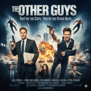 Will Ferrell and Mark Wahlberg leap through the air in front of a massive, fiery explosion. Will Ferrell is comedically holding a wooden practice gun.