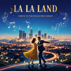 Ryan Gosling and Emma Stone dancing under a twilight sky in the iconic movie poster for the musical La La Land.