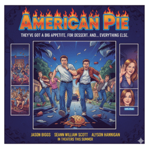 Humorous movie poster for American Pie, with the main cast of teenagers running, a pie on the ground, and party scenes. Keywords: American Pie movie, teen comedy, high school, party, iconic film, movie poster.