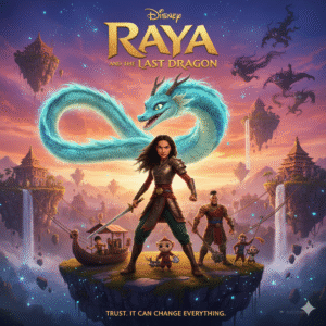 Poster for Raya and the Last Dragon, featuring Raya and Sisu the dragon soaring over a mystical land with floating islands and waterfalls