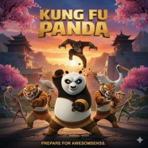 Poster for Kung Fu Panda, showing Po with the Furious Five in action against a backdrop of ancient Chinese temples and cherry blossoms