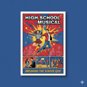 Troy and Gabriella singing and dancing, highlighting the high school drama and choreographed musical competition.