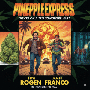 Movie poster for Pineapple Express, featuring Seth Rogen and James Franco running from an explosion, with police cars and cannabis leaves. Keywords: Pineapple Express movie, Seth Rogen, James Franco, stoner comedy, action, chase scene, movie poster.