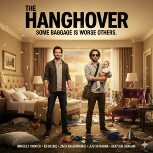The three main characters—Phil, Stu, and Alan—stand in a destroyed, sunlit Las Vegas hotel room looking confused. A tiger peeks out from the bathroom, a chicken is on the floor, and Alan is holding a baby.