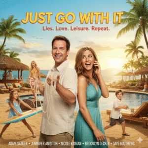 Adam Sandler and Jennifer Aniston stand on a beautiful Hawaiian beach. He is carrying a young girl on his shoulders while she holds a young boy's hand.