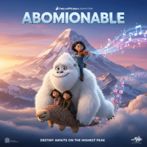 Poster for Abominable, depicting Yi, Jin, and Peng riding Everest the Yeti over snowy Himalayan mountains at sunset, with magical musical notes