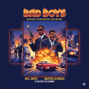 High-energy movie poster for Bad Boys, with Will Smith and Martin Lawrence holding guns amidst explosions and a red sports car in Miami. Keywords: Bad Boys movie, Will Smith, Martin Lawrence, action film, buddy cop, Miami, police, movie poster.