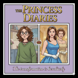 Mia Thermopolis's transformation from awkward student to princess, a theme of finding confidence and self-discovery.