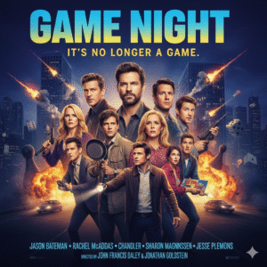 The ensemble cast looks down at a reflective table that shows a board game made of real-life objects like a gun, a classic car, and a Fabergé egg, all against a city skyline at night.