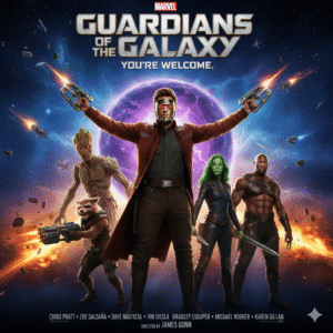 The five Guardians—Star-Lord, Gamora, Drax, Rocket, and Groot—are assembled in a heroic lineup against a cosmic backdrop of spaceships and planets.