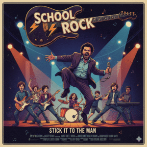 Jack Black playing guitar with his students on the official movie poster for the comedy School of Rock.