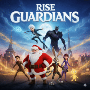 Poster for Rise of the Guardians, with Jack Frost, Santa, Easter Bunny, Tooth Fairy, and Sandman facing Pitch Black under a full moon