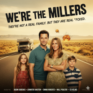 The four main actors stand in front of an RV, posing as the wholesome "Miller" family. Jason Sudeikis and Jennifer Aniston are in the front, with Emma Roberts and Will Poulter behind them.