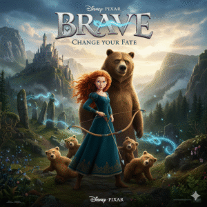 Poster for Brave, featuring Princess Merida with her bow and arrow, standing with her bear mother and bear siblings in a mystical Scottish forest with a castle in the background