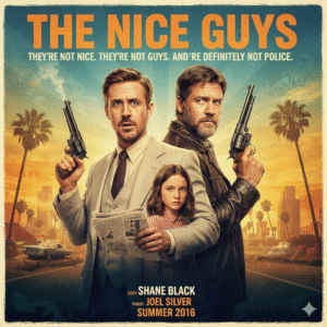Stylish movie poster for The Nice Guys, featuring Ryan Gosling and Russell Crowe as private investigators in a 1970s Los Angeles setting with a classic car and vibrant colors. Keywords: The Nice Guys movie, Ryan Gosling, Russell Crowe, detective film, 1970s Los Angeles, neo-noir, comedy, mystery, movie poster.