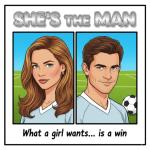Viola Hastings disguised as her twin brother, Sebastian, on the soccer field in this teen sports comedy.