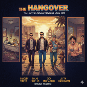 Comedic movie poster for The Hangover, showing Bradley Cooper, Ed Helms, and Zach Galifianakis walking through Las Vegas, with chaotic vignettes. Keywords: The Hangover movie, comedy, Las Vegas, bachelor party, lost memory, movie poster.