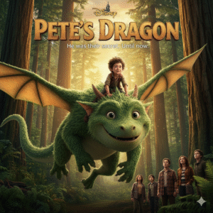 Poster for Pete's Dragon, showing Pete riding his friendly green dragon Elliot over a dense forest, with a group of people looking up in wonder
