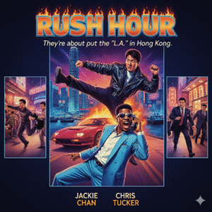 Dynamic movie poster for Rush Hour, showing Jackie Chan in mid-air kick and Chris Tucker on a phone, with a fast car and city lights. Keywords: Rush Hour movie, Jackie Chan, Chris Tucker, action comedy, martial arts, Los Angeles, Hong Kong, movie poster.