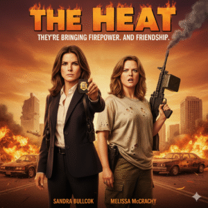 Movie poster for The Heat, featuring Sandra Bullock and Melissa McCarthy as mismatched police detectives with explosions and city backdrop. Keywords: The Heat movie, Sandra Bullock, Melissa McCarthy, comedy, action, buddy cop film, movie poster, detective.