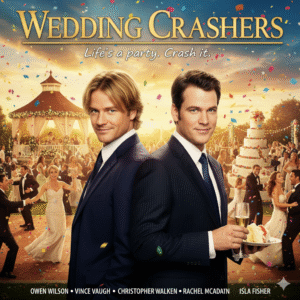 Owen Wilson and Vince Vaughn, dressed in black tuxedos, peek mischievously from behind a large, multi-tiered white wedding cake.