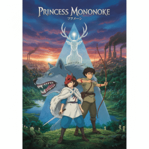 Poster for Princess Mononoke, featuring San (Princess Mononoke) and Ashitaka with the Wolf God Moro and the Forest Spirit, in a dynamic landscape of nature versus industry