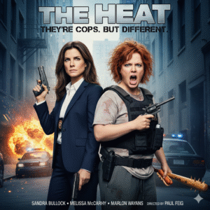 Sandra Bullock, as a prim FBI agent, and Melissa McCarthy, as a tough Boston cop, stand back-to-back holding guns against a bright yellow background.