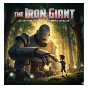 Poster for The Iron Giant, depicting a young boy reaching out to the giant robot in a forest, with government agents searching nearby