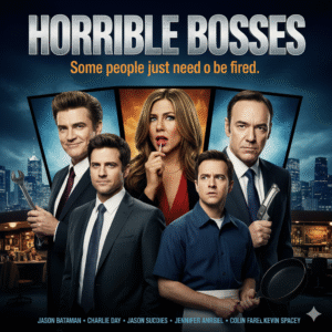 The three main characters look up with fearful expressions from the bottom of the poster, while their three intimidating bosses (Jennifer Aniston, Colin Farrell, and Kevin Spacey) loom large abov