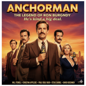 The four members of the Channel 4 News Team are posed together against a 1970s-style sunset. Ron Burgundy stands in the center with his hands on his hips.