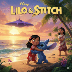 Poster for Lilo & Stitch, featuring Lilo hugging Stitch on a Hawaiian beach at sunset, with a spaceship in the sky