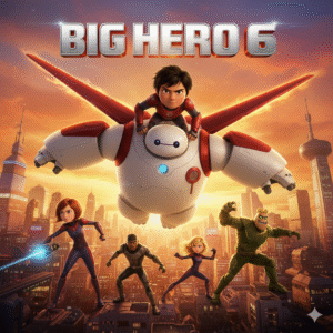 Poster for Big Hero 6, showing Hiro and Baymax flying over San Fransokyo with their superhero team