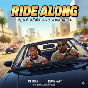 Movie poster for Ride Along, featuring Kevin Hart looking startled as Ice Cube drives a police car in a city chase scene. Keywords: Ride Along movie, Kevin Hart, Ice Cube, comedy, police, car chase, movie poster, buddy cop.