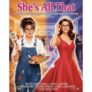 Movie poster for She's All That showing an artistic girl in overalls and glasses transforming into a beautiful prom queen in a red dress. Text: SHE'S ALL THAT, Somewhere in this mess, is a girl who just might be... the one
