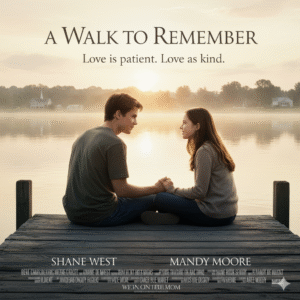 Movie poster for A Walk to Remember showing a popular high school boy and a modest, sweet girl sharing an intimate moment on a pier at sunrise. Text: A Walk to Remember, There's more to love than meets the eye.