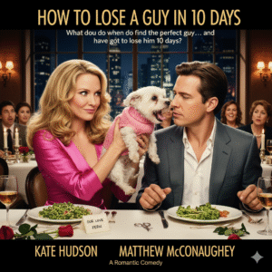 Movie poster for How to Lose a Guy in 10 Days featuring Kate Hudson as Andie Anderson comically annoying Matthew McConaughey as Ben Barry at a fancy restaurant table. Text: HOW TO LOSE A GUY IN 10 DAYS, What do you do when find the perfect guy... and 'ave got to lose him in 10 days?