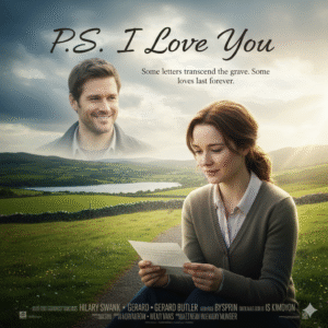 Movie poster for P.S. I Love You showing a woman reading a letter in the lush, green Irish countryside, with a spectral image of her smiling husband behind her. Text: P.S. I Love You, He's gone, but he's not forgotten
